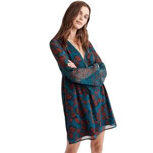 NWOT ABERCROMBIE & FITCH Dress S Floral Blue Red V Crochet Bell-Sheer-Long-Slv